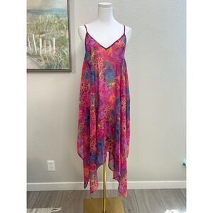 Into the Bleu Floral Handkerchief Hem Swing Dress Pink Tropical Size L Cover Up
